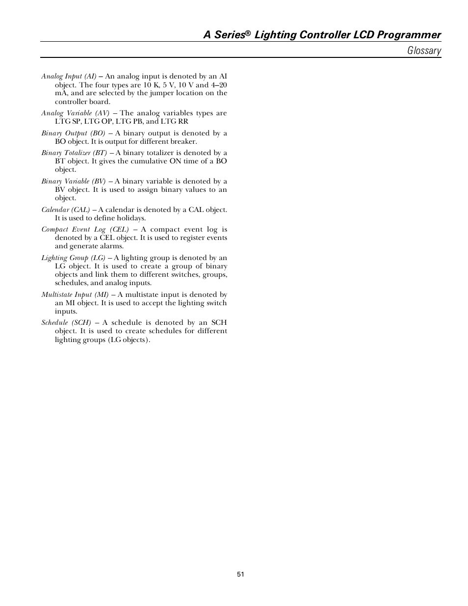 A series, Lighting controller lcd programmer glossary | GE Industrial Solutions A Series Lighting Control Panelboards Programmer User Guide User Manual | Page 55 / 56