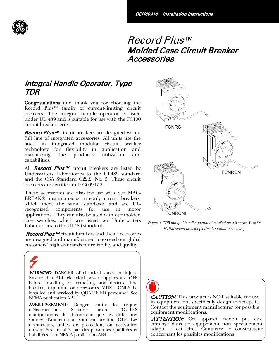 GE Industrial Solutions Record Plus TDR, NEMA 1, 12: FC100 User Manual | 8 pages