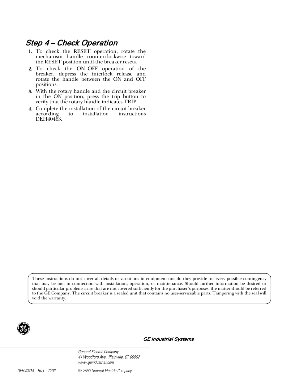 Step 4 – check operation | GE Industrial Solutions Record Plus TDR, NEMA 1, 12: FC100 User Manual | Page 8 / 8