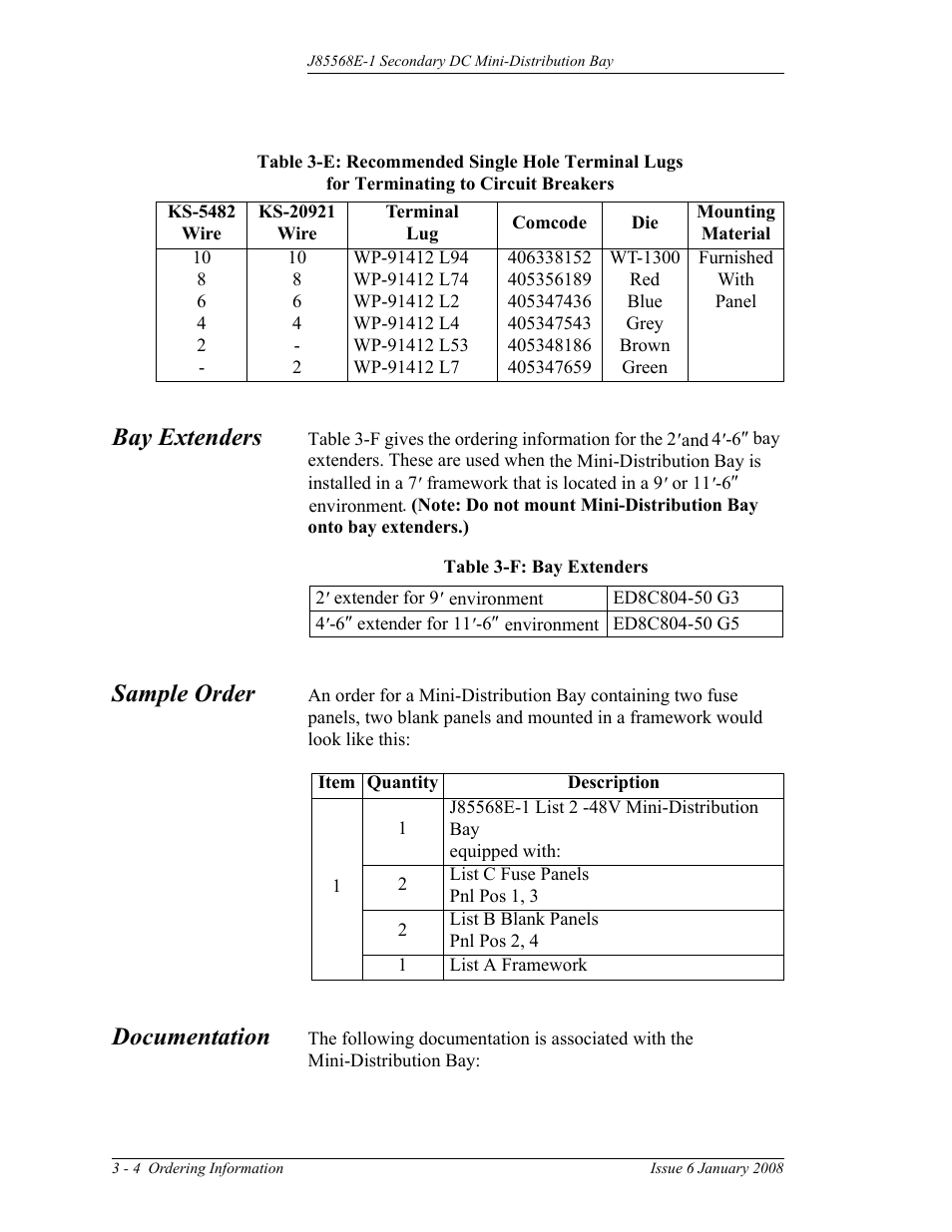 Bay extenders, Sample order, Documentation | Table 3-e: recommended single hole terminal lugs, For terminating to circuit breakers, Table 3-f: bay extenders | GE Industrial Solutions Micro-BDCBB User Manual | Page 20 / 42