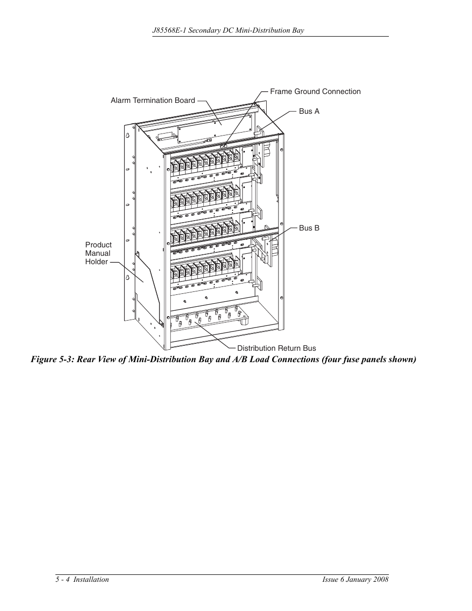Figure 5-3: rear view of mini-distribution bay and, A/b load connections (four fuse panels shown) | GE Industrial Solutions Micro-BDCBB User Manual | Page 32 / 42