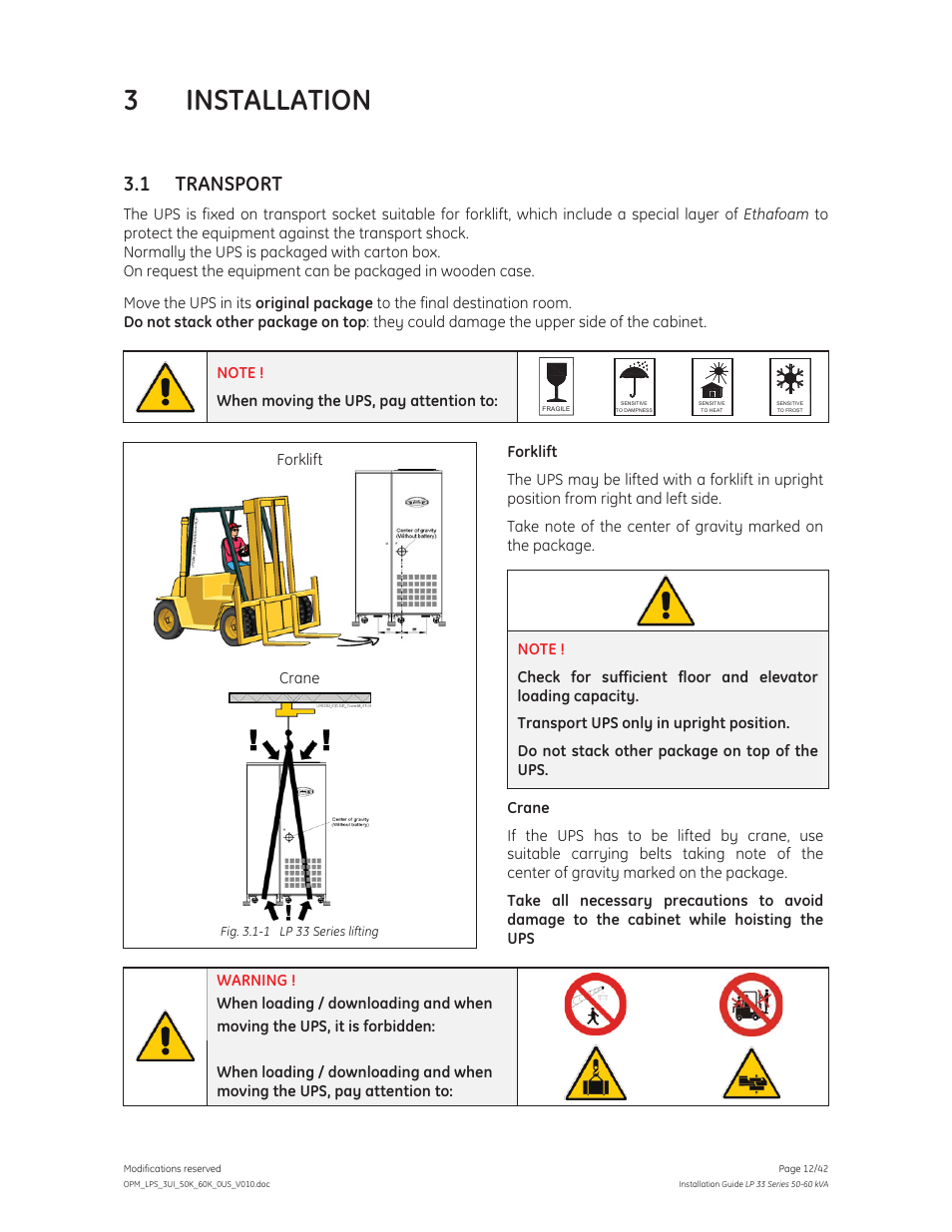 3 installation, 1 transport | GE Industrial Solutions LP 33 Series 50 & 60 kVA Installation Guide User Manual | Page 12 / 42