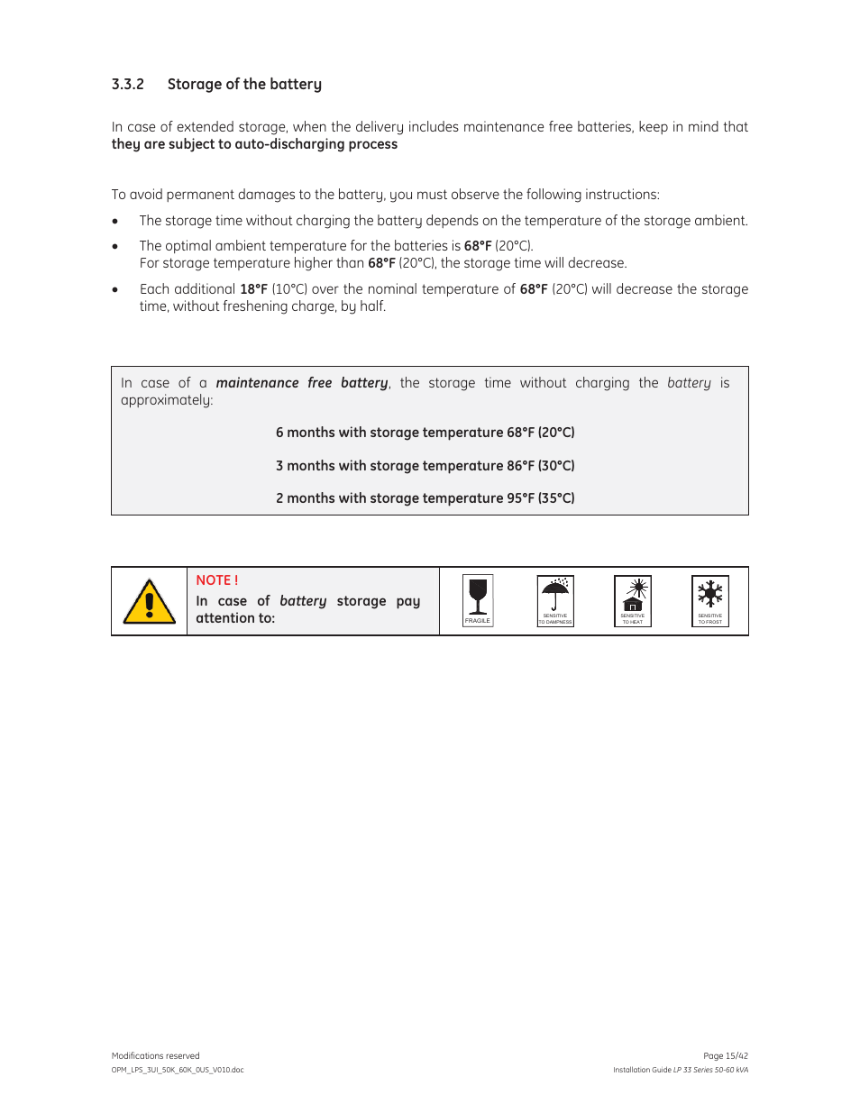 2 storage of the battery | GE Industrial Solutions LP 33 Series 50 & 60 kVA Installation Guide User Manual | Page 15 / 42