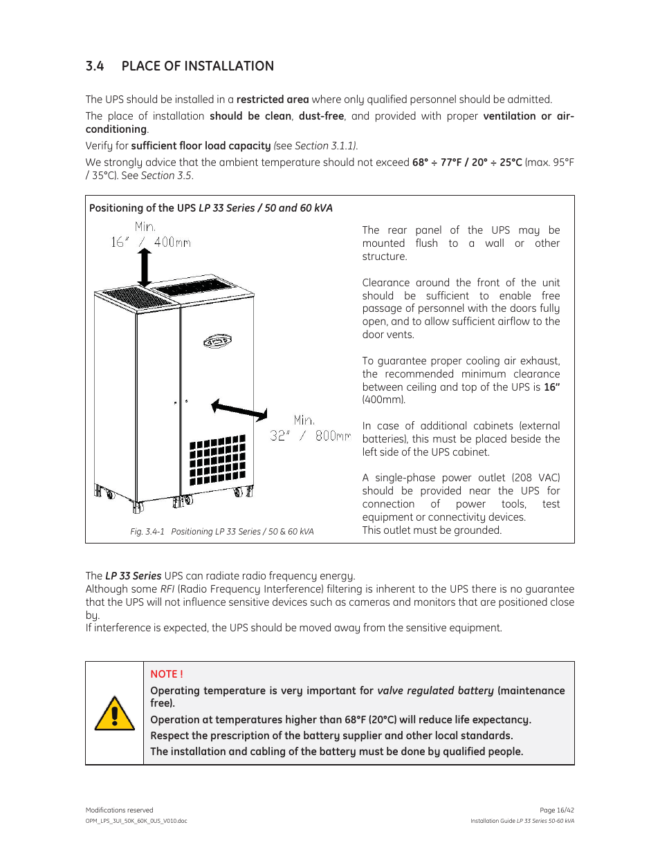 4 place of installation | GE Industrial Solutions LP 33 Series 50 & 60 kVA Installation Guide User Manual | Page 16 / 42
