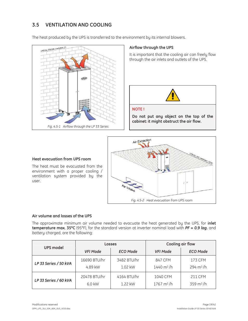 5 ventilation and cooling | GE Industrial Solutions LP 33 Series 50 & 60 kVA Installation Guide User Manual | Page 19 / 42