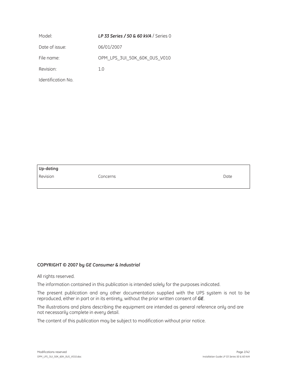 GE Industrial Solutions LP 33 Series 50 & 60 kVA Installation Guide User Manual | Page 2 / 42