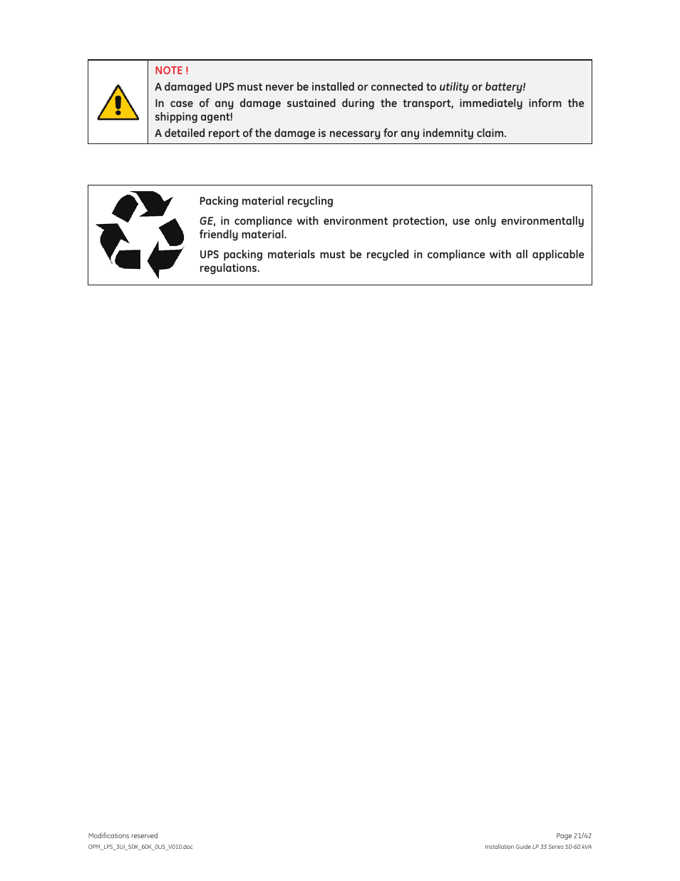 GE Industrial Solutions LP 33 Series 50 & 60 kVA Installation Guide User Manual | Page 21 / 42