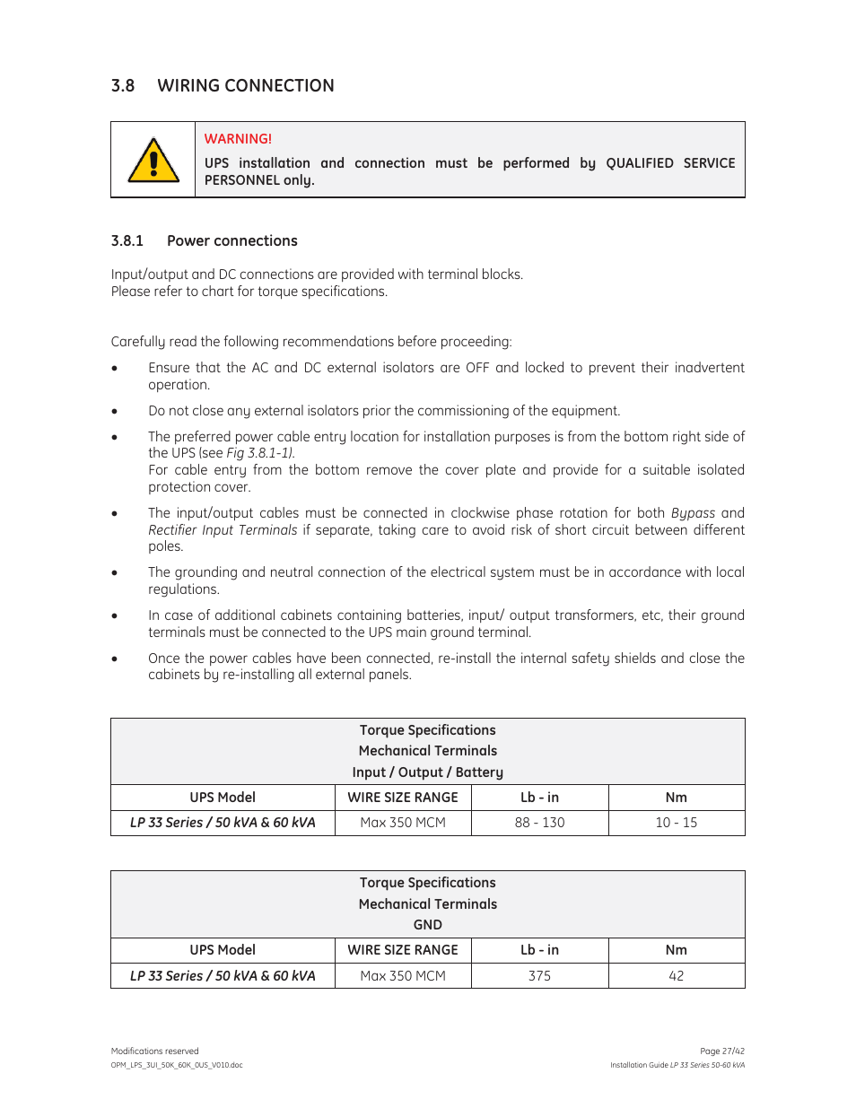 8 wiring connection | GE Industrial Solutions LP 33 Series 50 & 60 kVA Installation Guide User Manual | Page 27 / 42