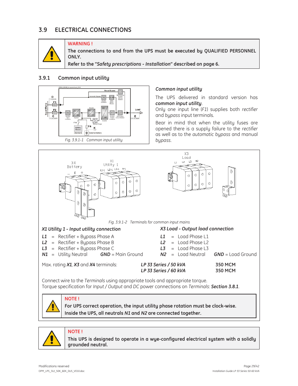 9 electrical connections | GE Industrial Solutions LP 33 Series 50 & 60 kVA Installation Guide User Manual | Page 29 / 42