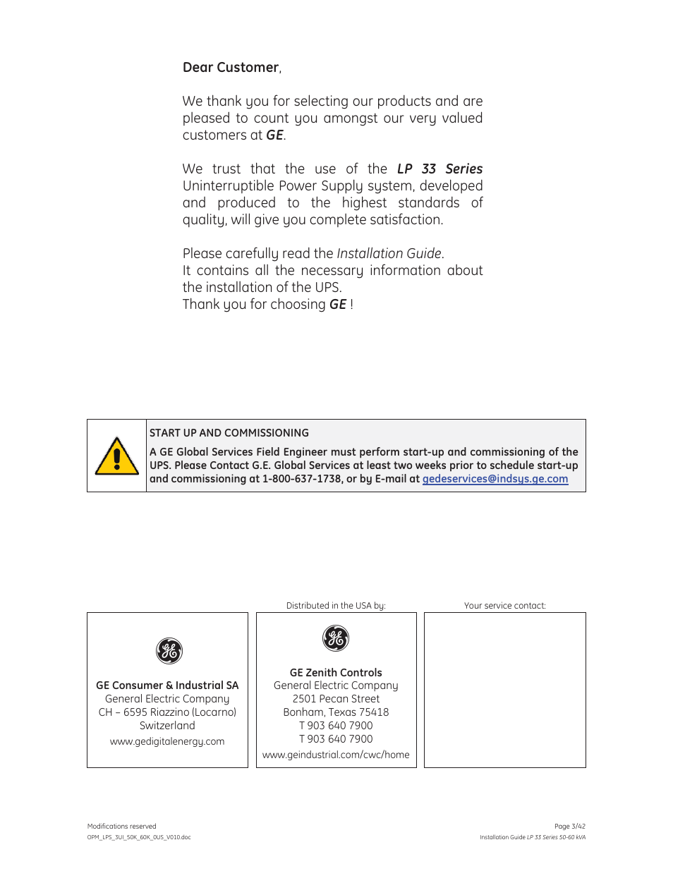GE Industrial Solutions LP 33 Series 50 & 60 kVA Installation Guide User Manual | Page 3 / 42