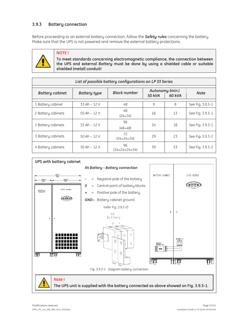 3 battery connection | GE Industrial Solutions LP 33 Series 50 & 60 kVA Installation Guide User Manual | Page 31 / 42