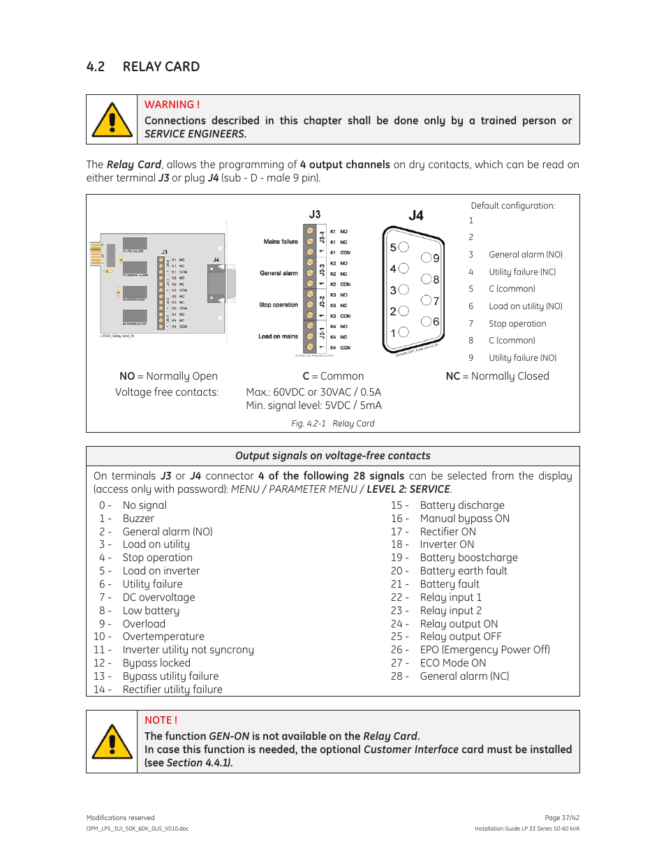 2 relay card | GE Industrial Solutions LP 33 Series 50 & 60 kVA Installation Guide User Manual | Page 37 / 42