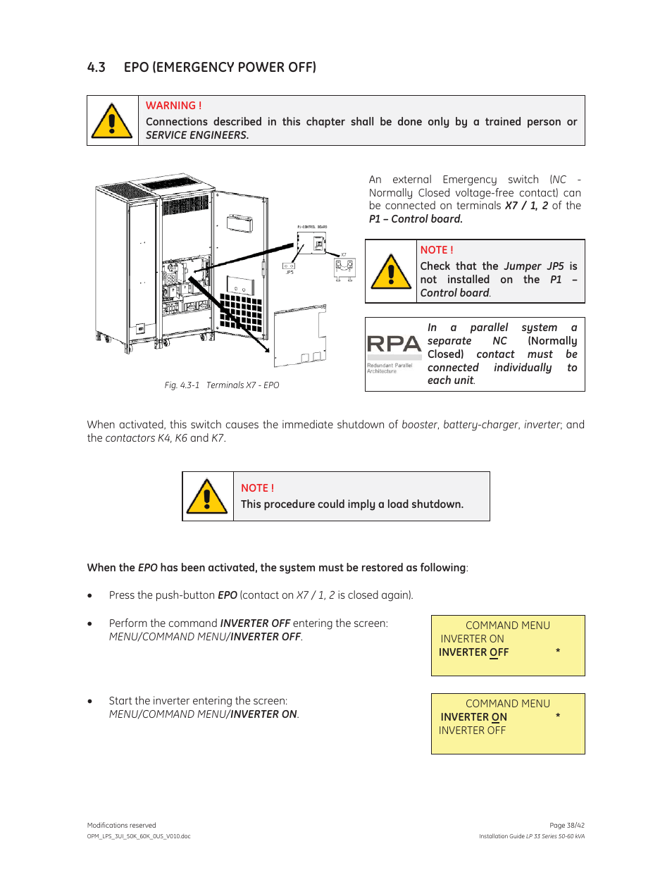 3 epo (emergency power off) | GE Industrial Solutions LP 33 Series 50 & 60 kVA Installation Guide User Manual | Page 38 / 42