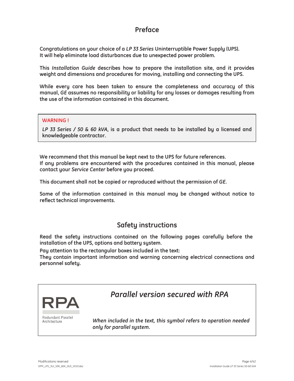 Parallel version secured with rpa, Preface, Safety instructions | GE Industrial Solutions LP 33 Series 50 & 60 kVA Installation Guide User Manual | Page 4 / 42