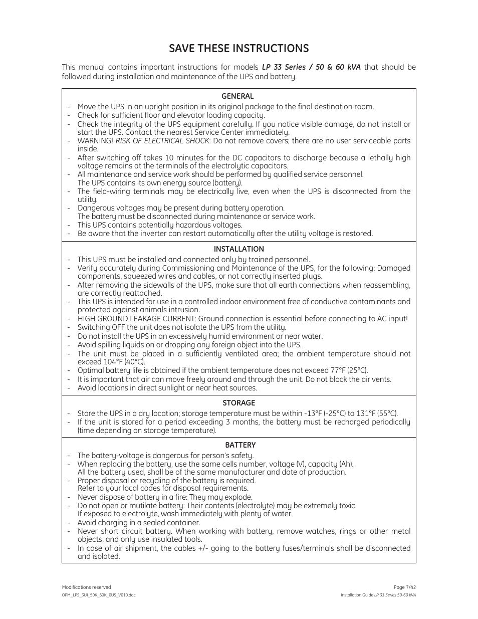 Save these instructions | GE Industrial Solutions LP 33 Series 50 & 60 kVA Installation Guide User Manual | Page 7 / 42