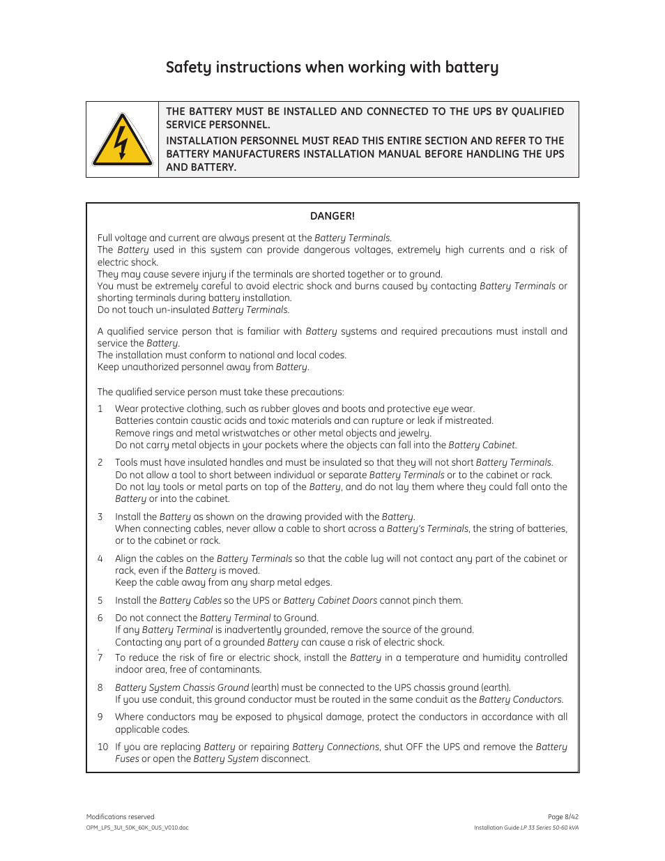 Safety instructions when working with battery, Danger | GE Industrial Solutions LP 33 Series 50 & 60 kVA Installation Guide User Manual | Page 8 / 42