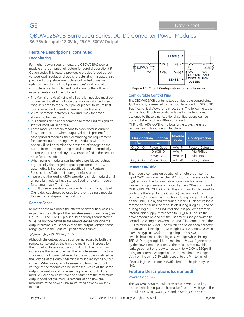 Data sheet, Feature descriptions (continued) | GE Industrial Solutions QBDW025A0B Barracuda Series User Manual | Page 10 / 32