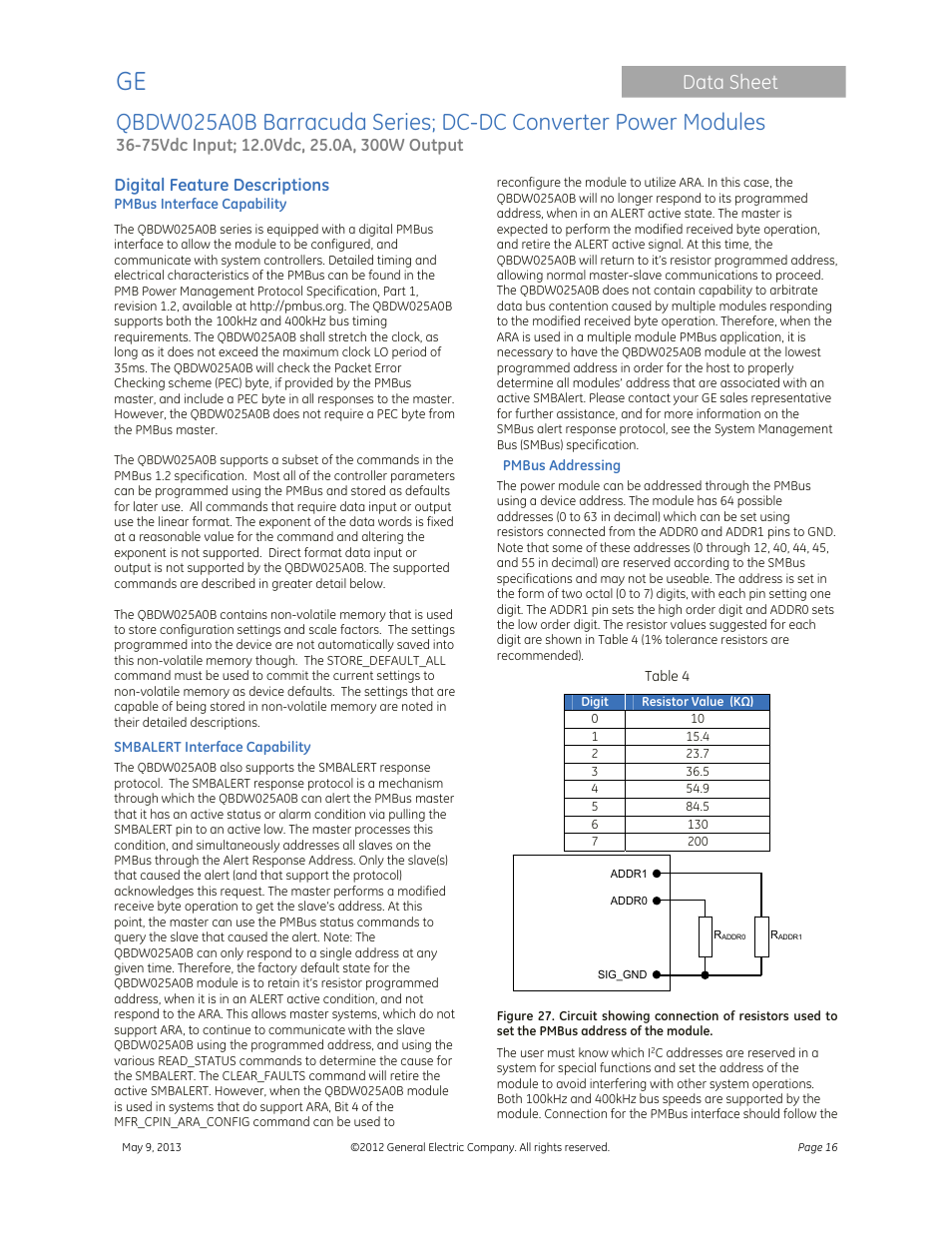 Data sheet, Digital feature descriptions | GE Industrial Solutions QBDW025A0B Barracuda Series User Manual | Page 16 / 32