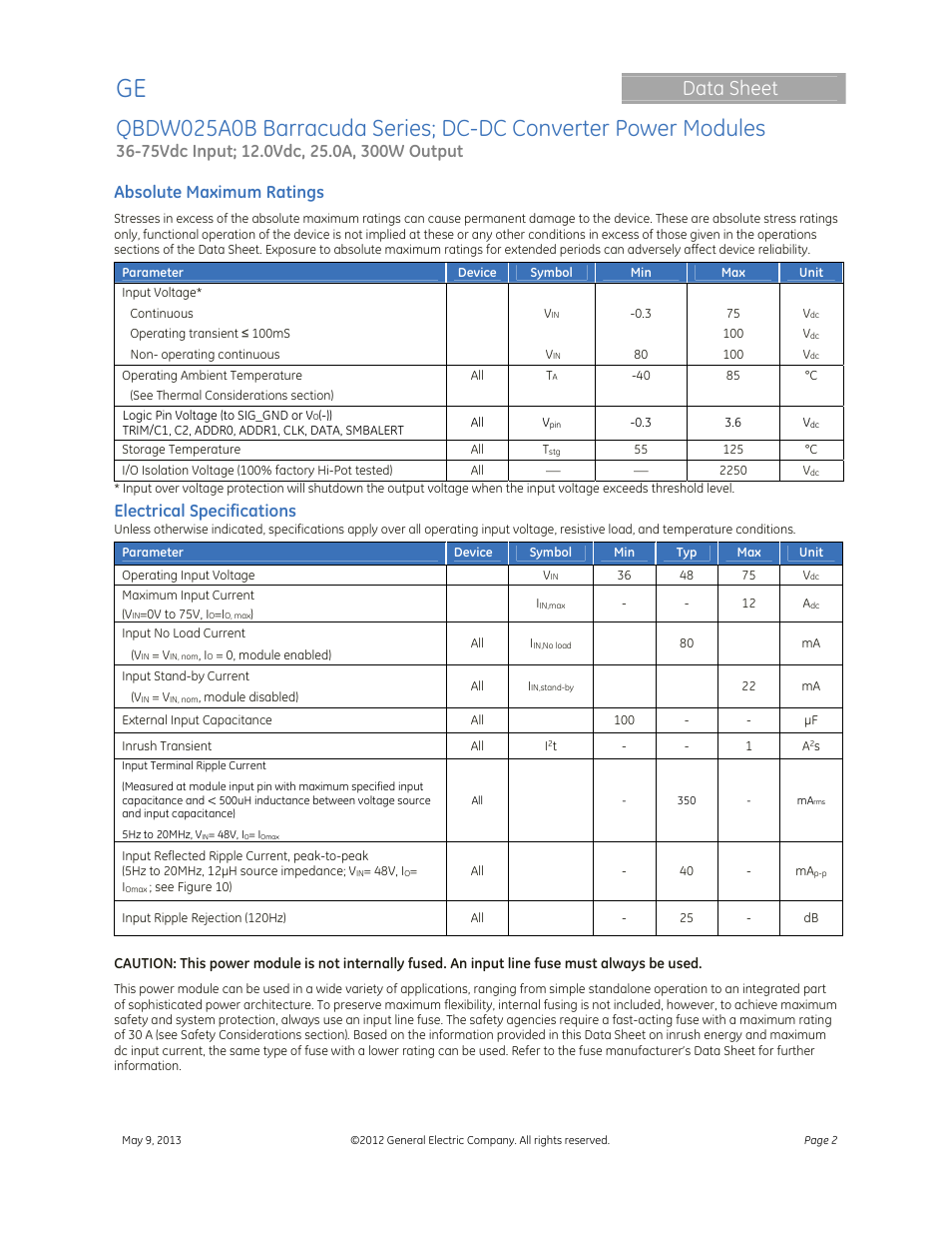 Data sheet, Absolute maximum ratings, Electrical specifications | GE Industrial Solutions QBDW025A0B Barracuda Series User Manual | Page 2 / 32