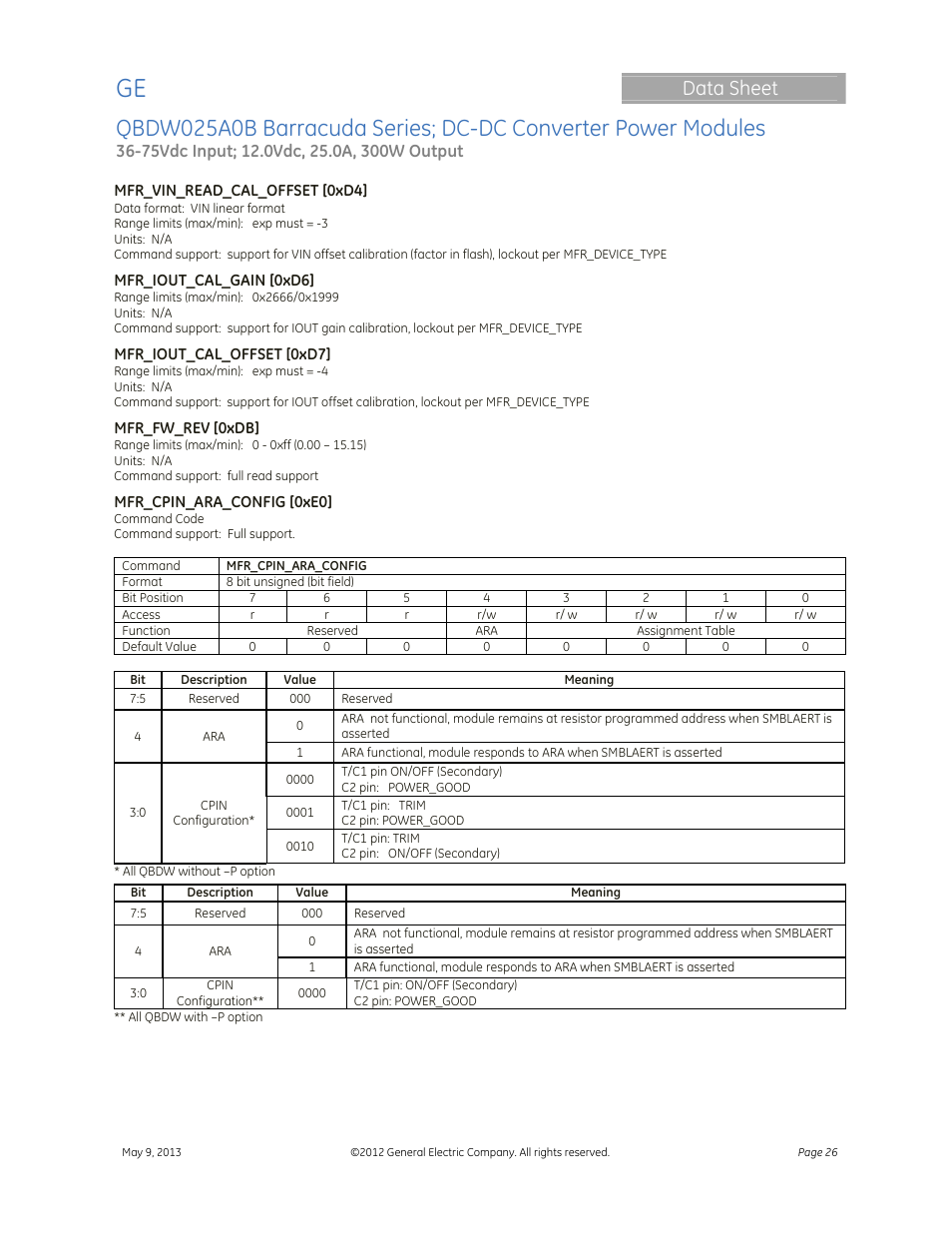 Data sheet | GE Industrial Solutions QBDW025A0B Barracuda Series User Manual | Page 26 / 32