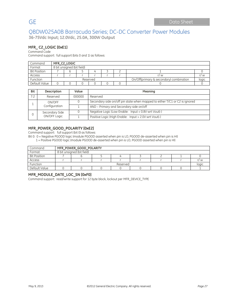 Data sheet | GE Industrial Solutions QBDW025A0B Barracuda Series User Manual | Page 27 / 32