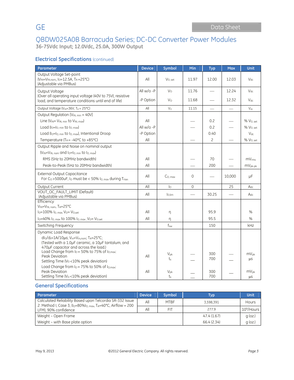 Data sheet, Electrical specifications, General specifications | GE Industrial Solutions QBDW025A0B Barracuda Series User Manual | Page 3 / 32