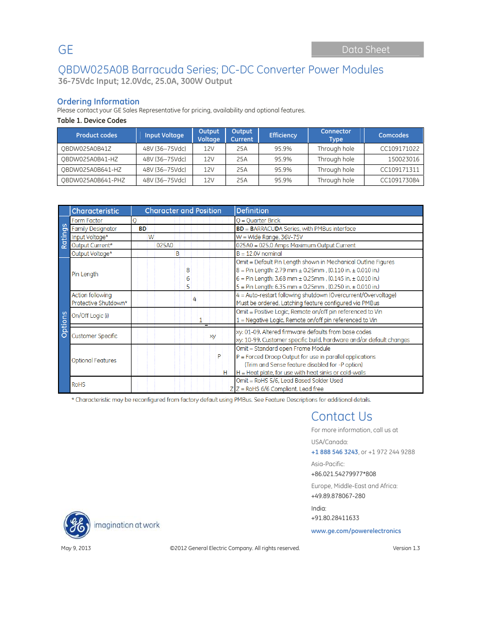 Contact us, Data sheet | GE Industrial Solutions QBDW025A0B Barracuda Series User Manual | Page 32 / 32