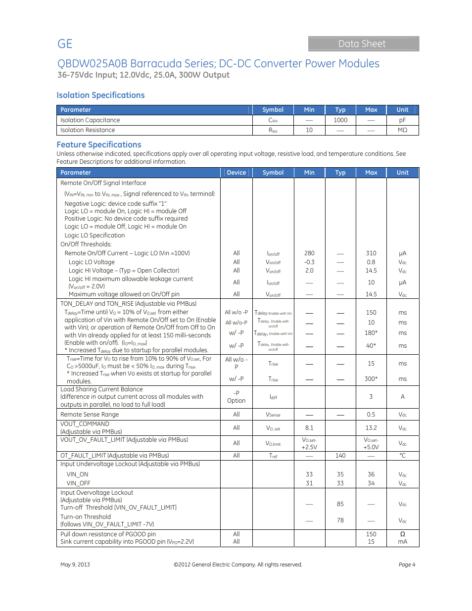 Data sheet, Isolation specifications, Feature specifications | GE Industrial Solutions QBDW025A0B Barracuda Series User Manual | Page 4 / 32