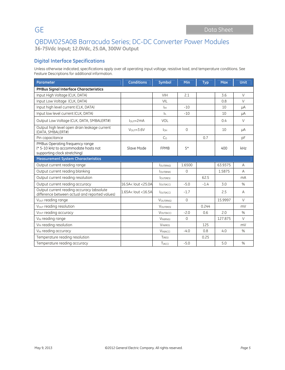 Data sheet, Digital interface specifications | GE Industrial Solutions QBDW025A0B Barracuda Series User Manual | Page 5 / 32