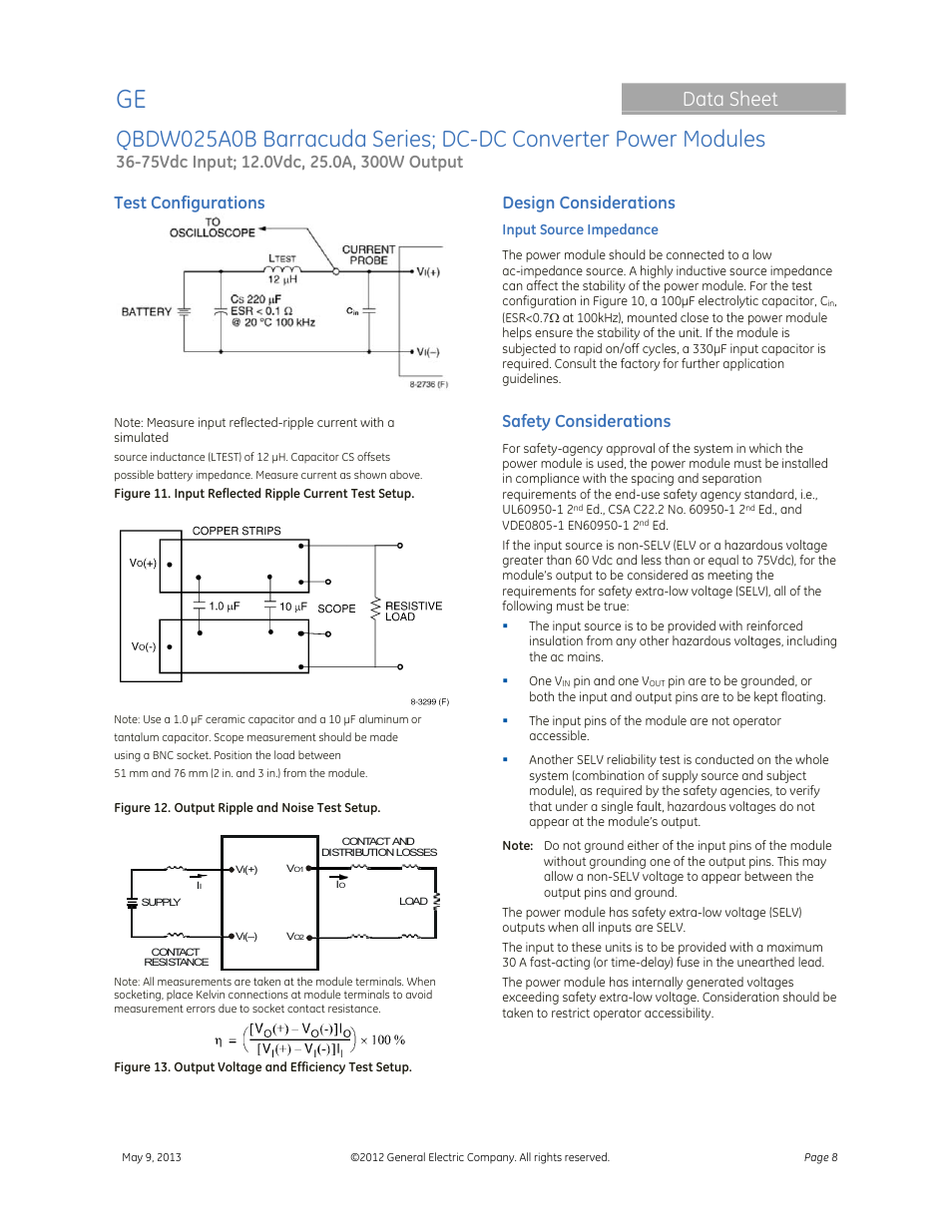 Data sheet, Test configurations, Design considerations | Safety considerations | GE Industrial Solutions QBDW025A0B Barracuda Series User Manual | Page 8 / 32