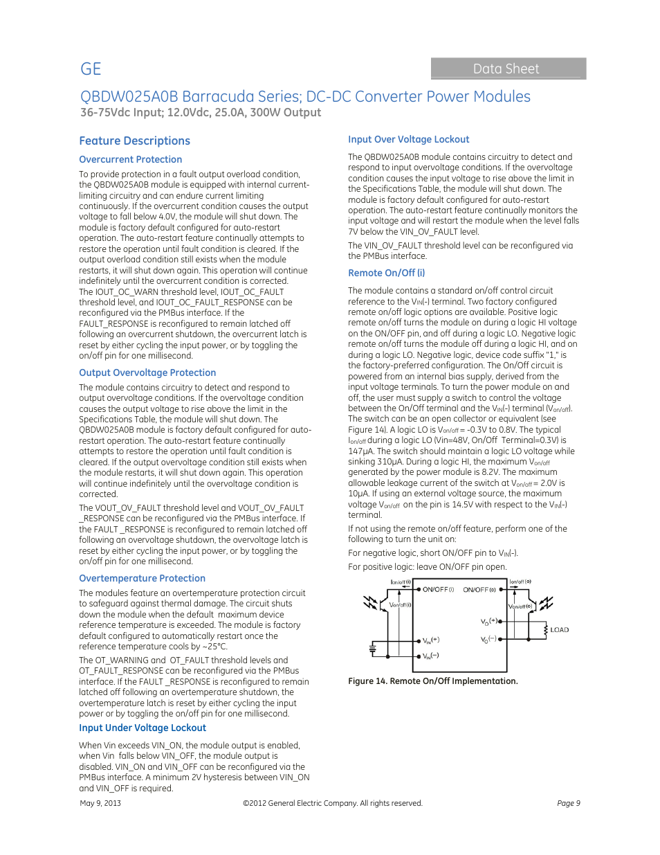 Data sheet, Feature descriptions | GE Industrial Solutions QBDW025A0B Barracuda Series User Manual | Page 9 / 32