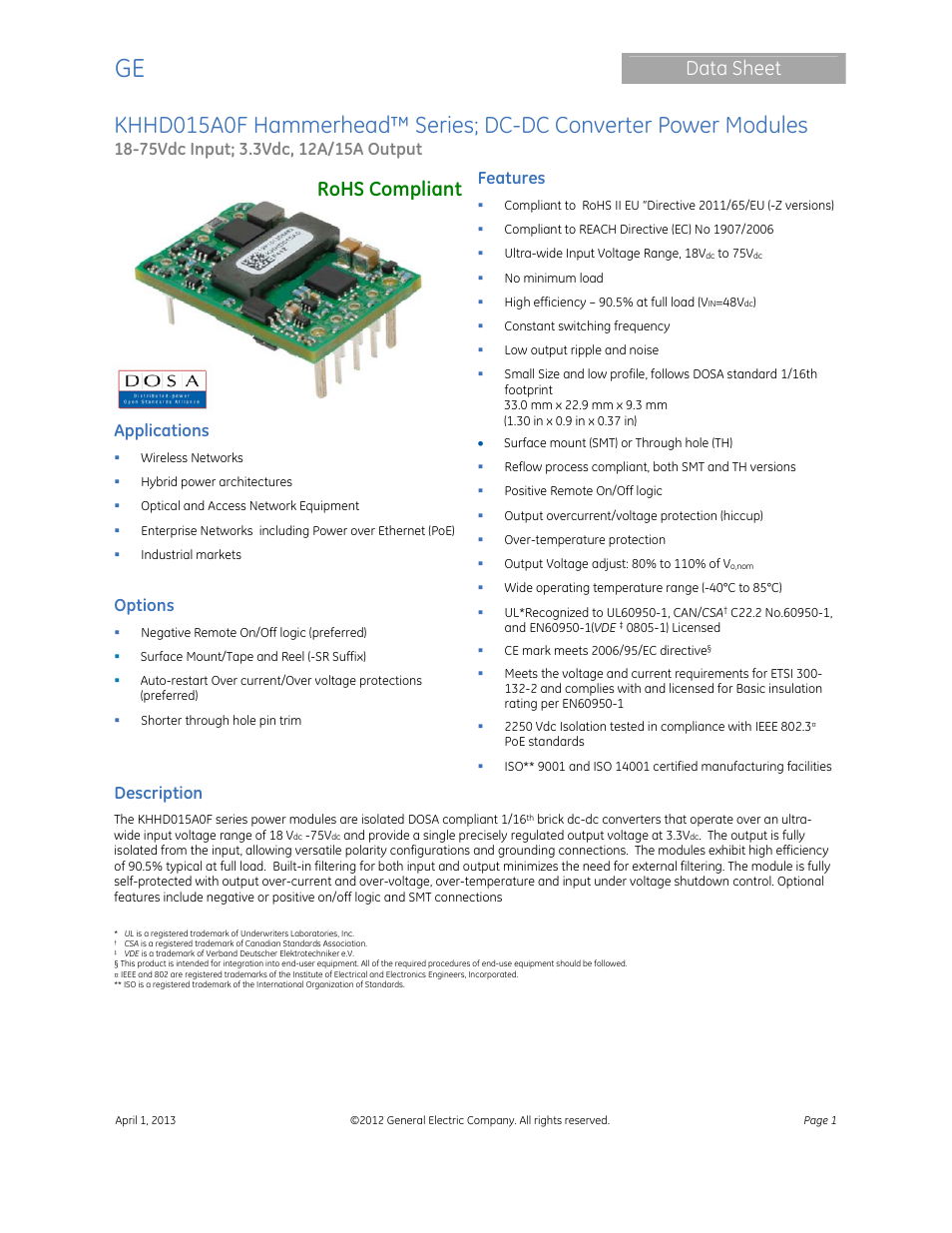 GE Industrial Solutions KHHD015A0F Hammerhead Series User Manual | 16 pages