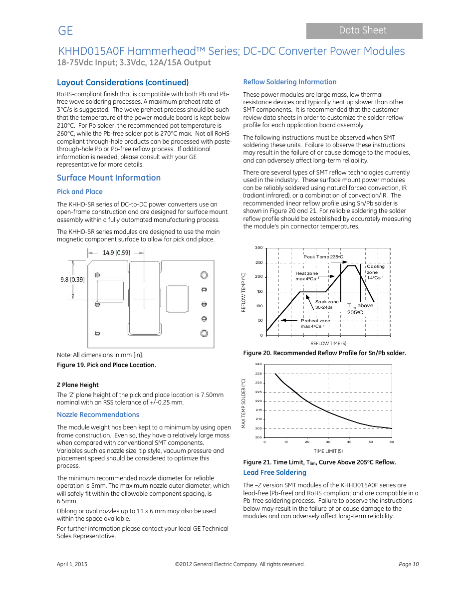 Data sheet, Layout considerations (continued), Surface mount information | Pick and place, Nozzle recommendations, Reflow soldering information, Lead free soldering | GE Industrial Solutions KHHD015A0F Hammerhead Series User Manual | Page 10 / 16