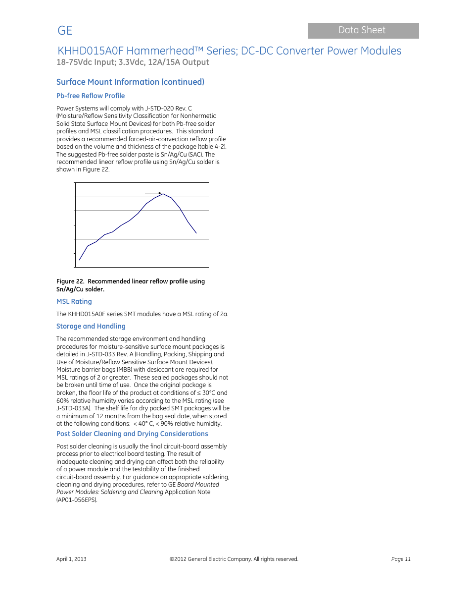 Data sheet, Surface mount information (continued) | GE Industrial Solutions KHHD015A0F Hammerhead Series User Manual | Page 11 / 16