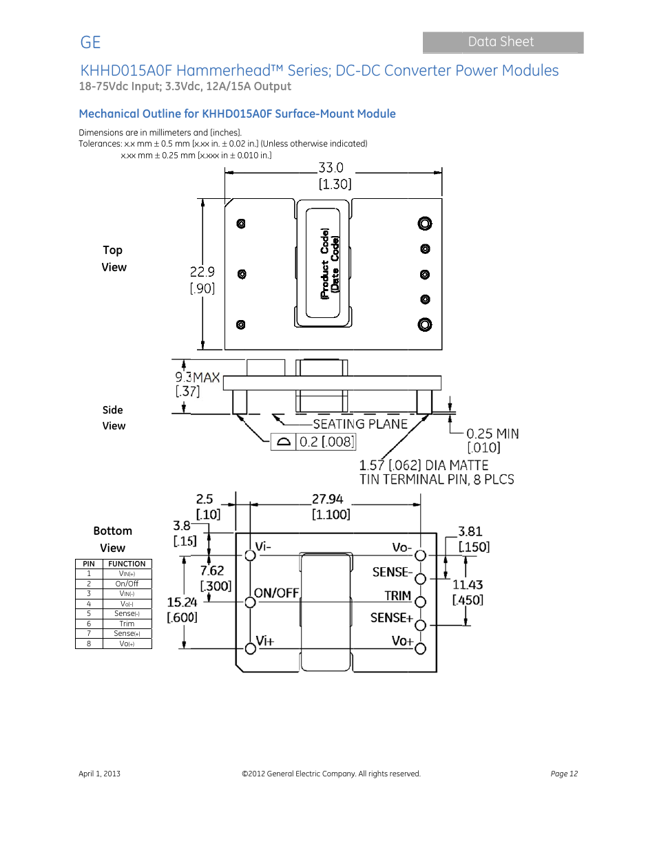 Khhd01, 15a0f ha, Ammerh | Ead™ se, Eries; dc, C-dc con, Nverter p, Power mo, Odules, Data she | GE Industrial Solutions KHHD015A0F Hammerhead Series User Manual | Page 12 / 16