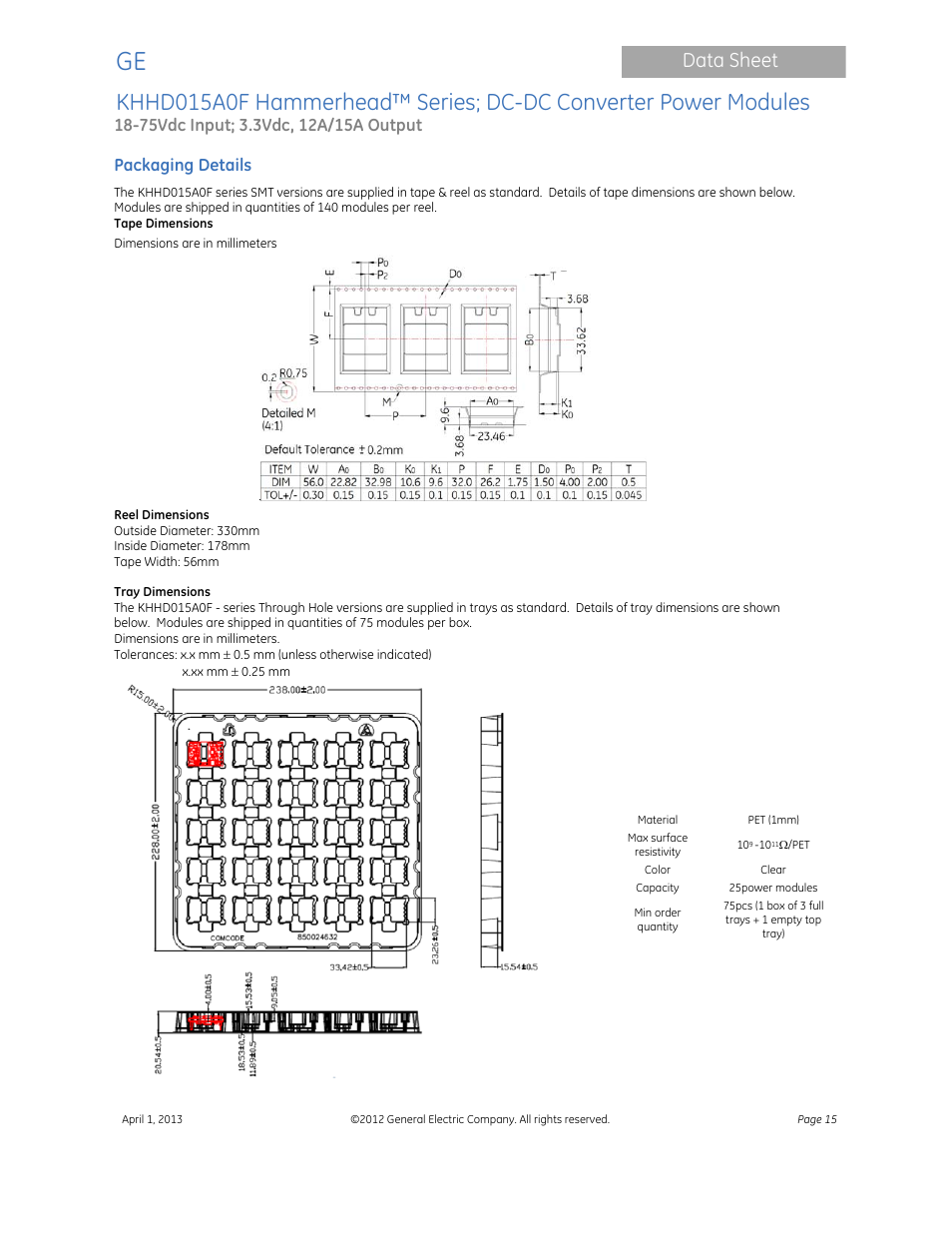 Data sheet | GE Industrial Solutions KHHD015A0F Hammerhead Series User Manual | Page 15 / 16