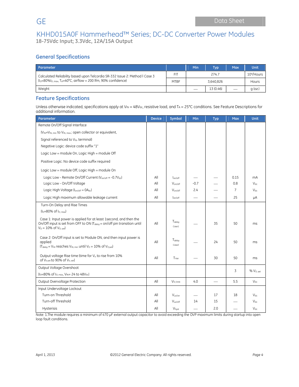 Data sheet, General specifications, Feature specifications | GE Industrial Solutions KHHD015A0F Hammerhead Series User Manual | Page 4 / 16