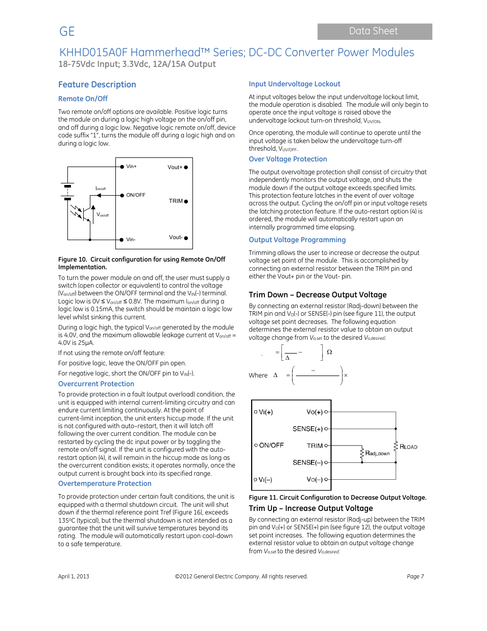 Data sheet, Feature description, Trim down – decrease output voltage | Trim up – increase output voltage | GE Industrial Solutions KHHD015A0F Hammerhead Series User Manual | Page 7 / 16