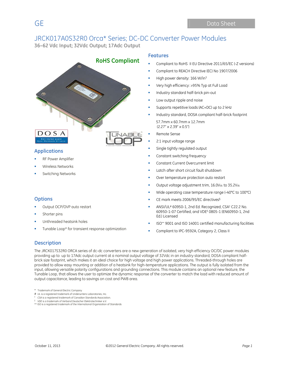 GE Industrial Solutions JRCK017A0S32R0 Orca Series User Manual | 15 pages