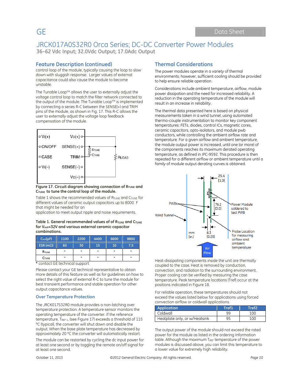 Data sheet, Feature description (continued), Thermal considerations | GE Industrial Solutions JRCK017A0S32R0 Orca Series User Manual | Page 10 / 15