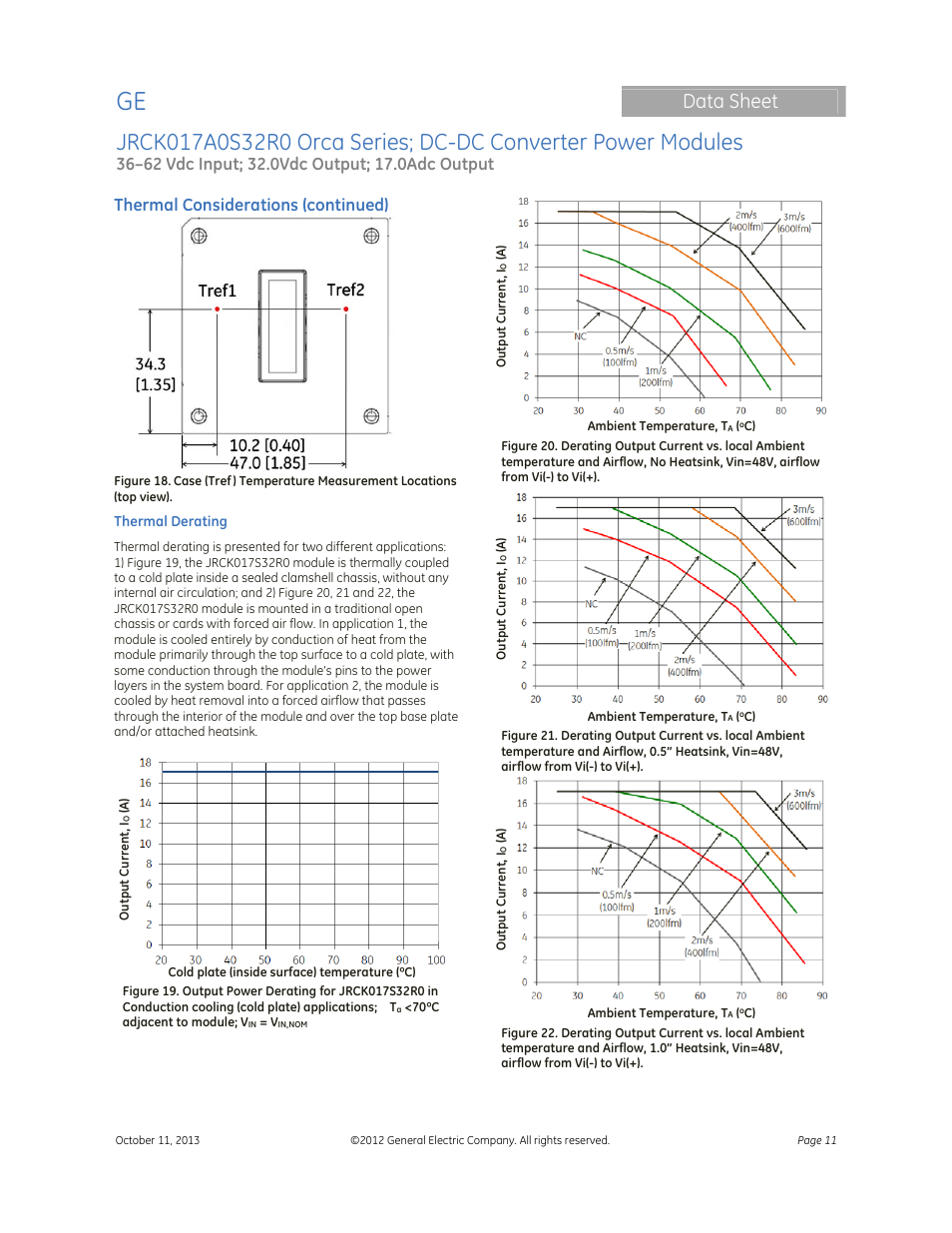 Data sheet, Thermal considerations (continued) | GE Industrial Solutions JRCK017A0S32R0 Orca Series User Manual | Page 11 / 15