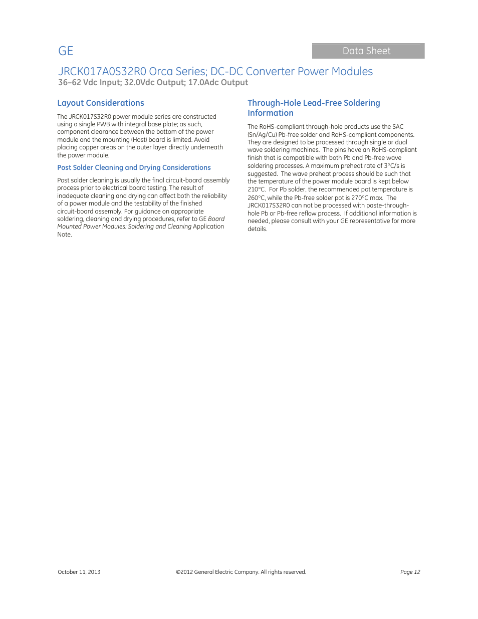 Data sheet | GE Industrial Solutions JRCK017A0S32R0 Orca Series User Manual | Page 12 / 15