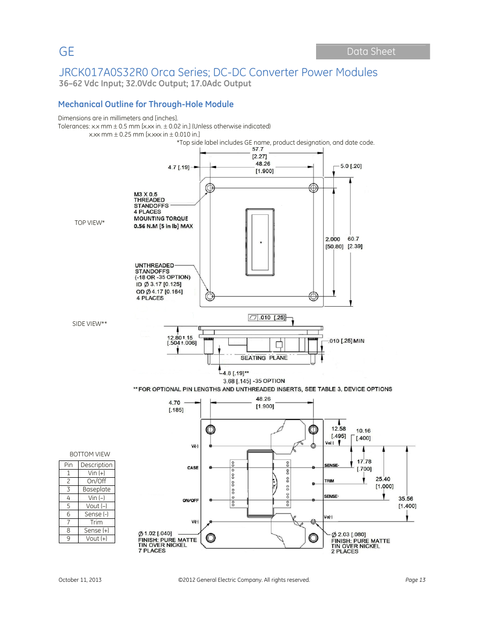 Data sheet | GE Industrial Solutions JRCK017A0S32R0 Orca Series User Manual | Page 13 / 15