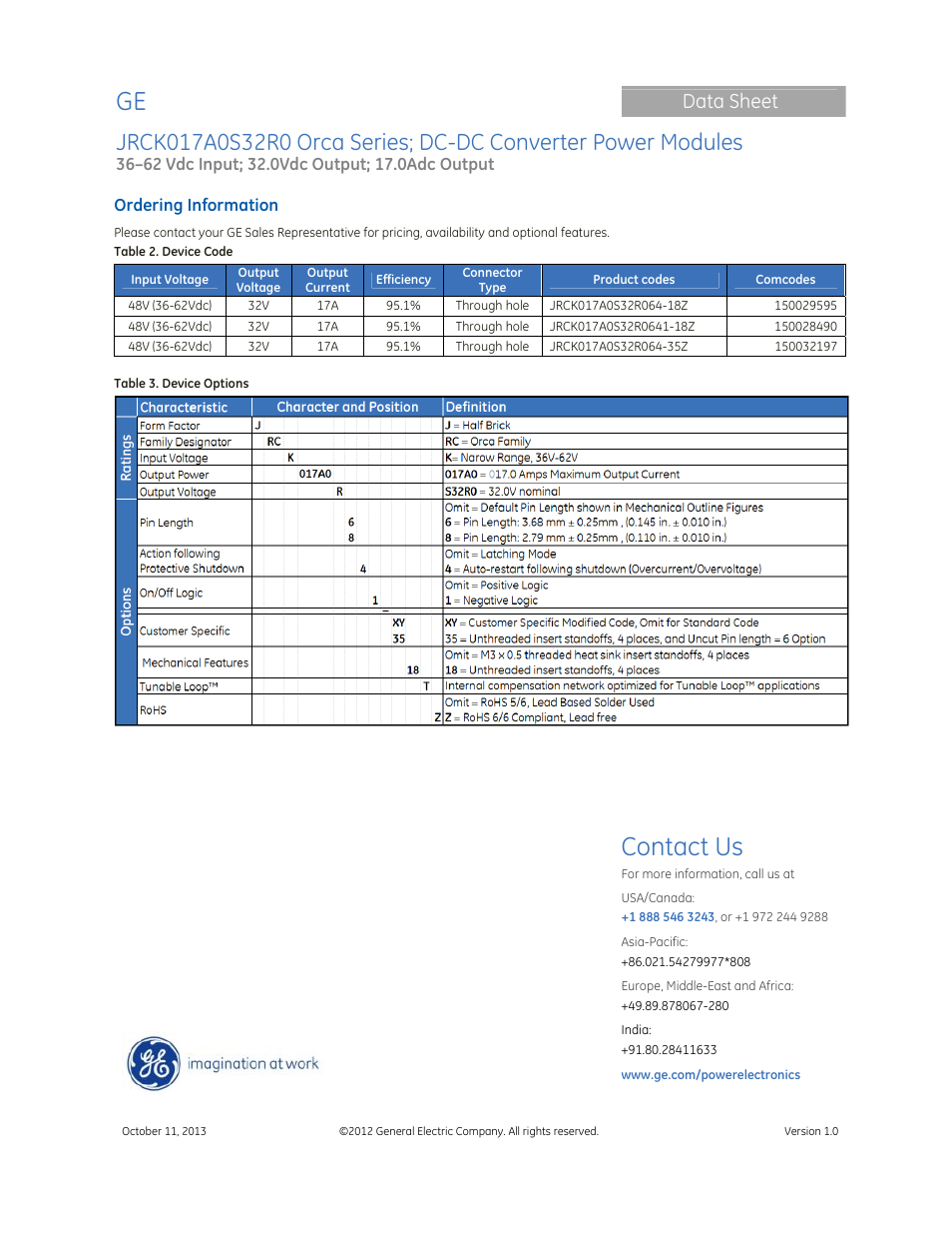 Contact us, Data sheet | GE Industrial Solutions JRCK017A0S32R0 Orca Series User Manual | Page 15 / 15