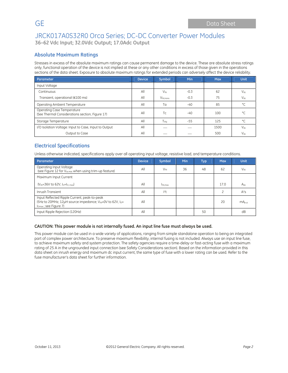 Data sheet, Absolute maximum ratings, Electrical specifications | GE Industrial Solutions JRCK017A0S32R0 Orca Series User Manual | Page 2 / 15