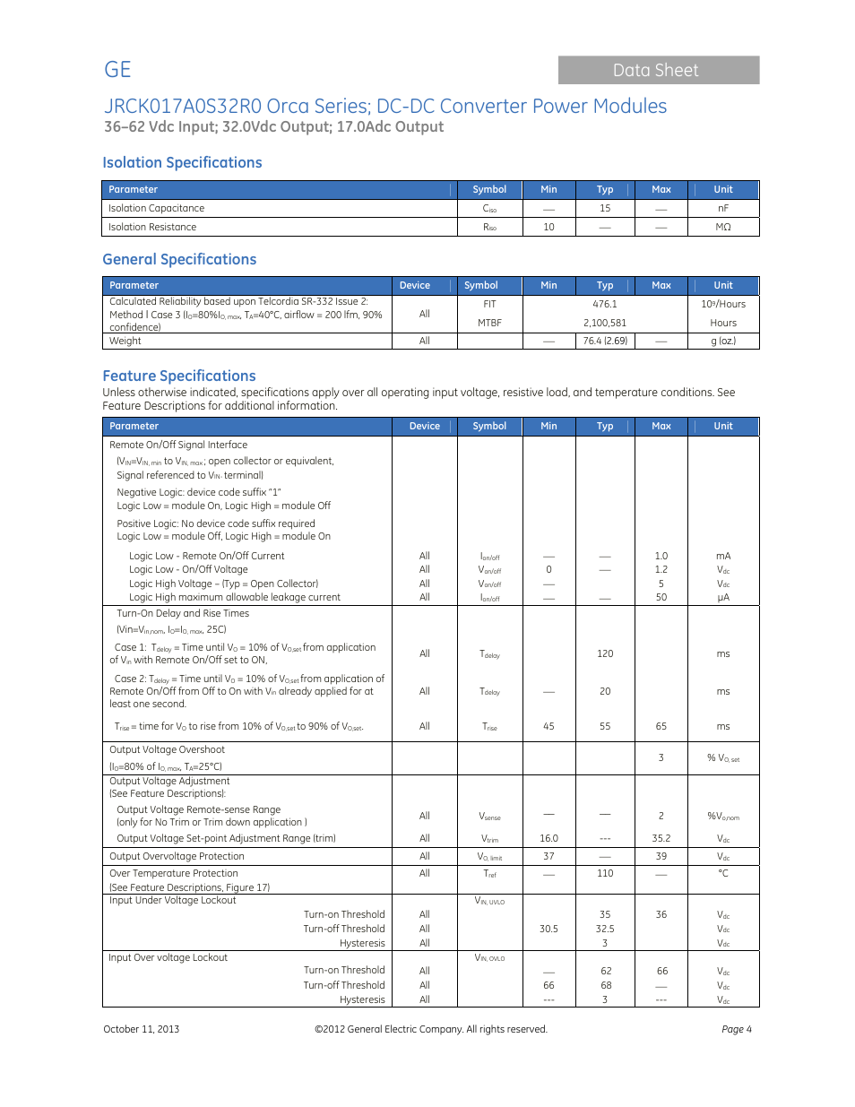 Data sheet, Isolation specifications, General specifications | Feature specifications | GE Industrial Solutions JRCK017A0S32R0 Orca Series User Manual | Page 4 / 15