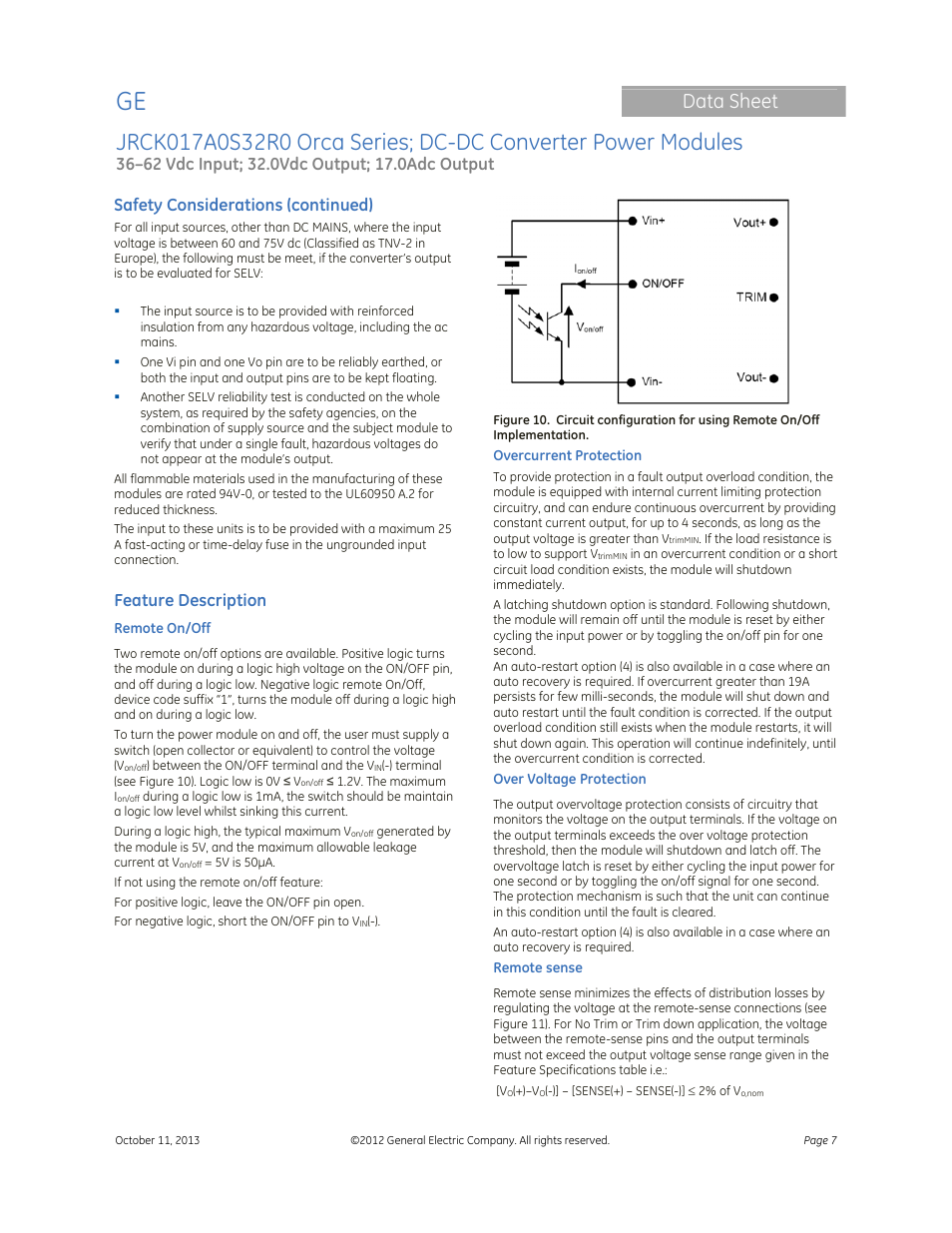 Data sheet, Safety considerations (continued), Feature description | GE Industrial Solutions JRCK017A0S32R0 Orca Series User Manual | Page 7 / 15