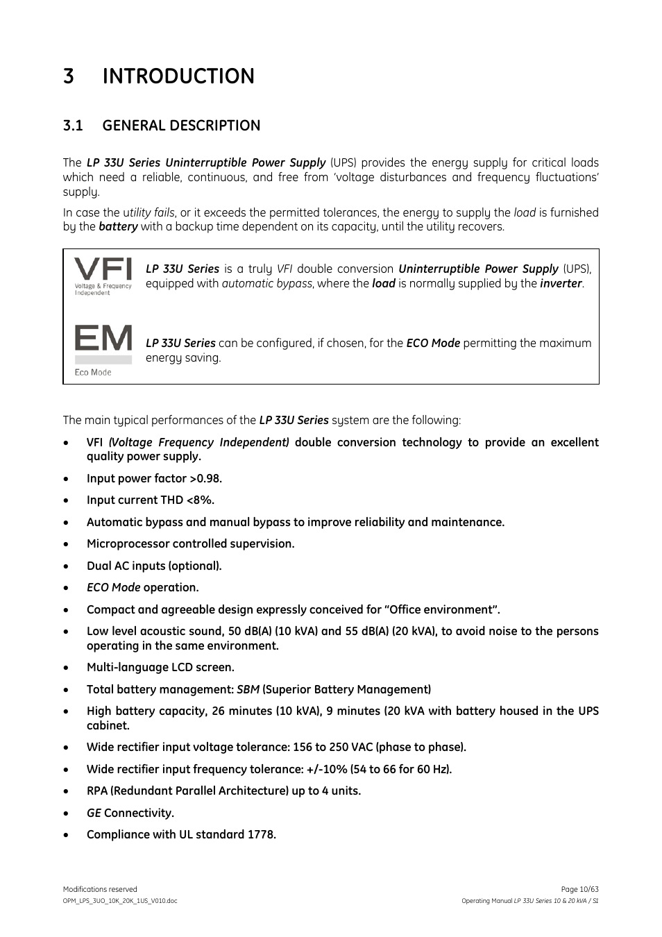 Introduction, General description, 3 introduction | 1 general description | GE Industrial Solutions LP 33U Series 10 & 20 kVA Operating Manual User Manual | Page 10 / 63