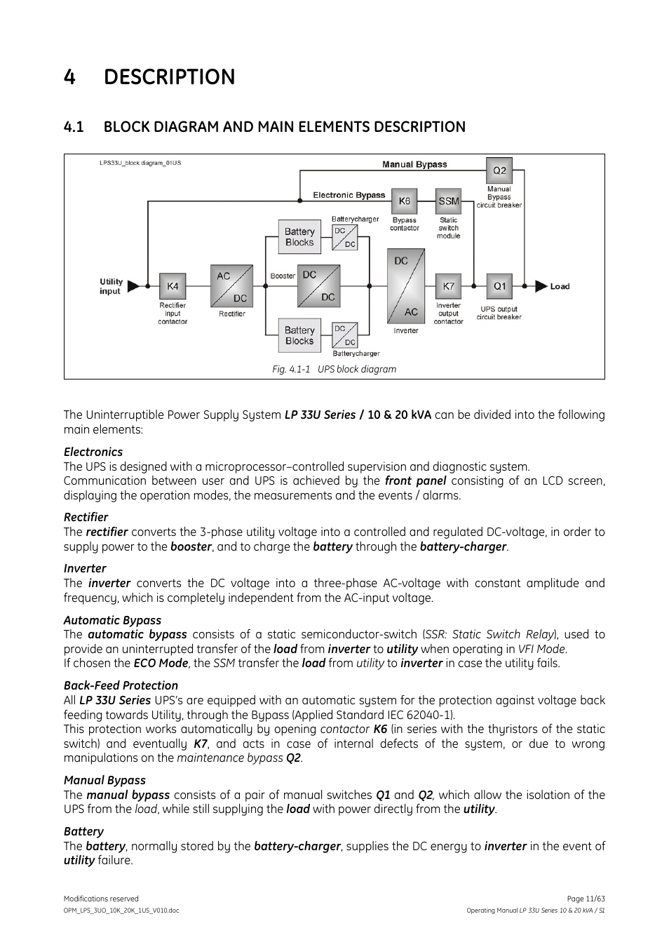 4 description, Block diagram and main elements description, Description | 1 block diagram and main elements description | GE Industrial Solutions LP 33U Series 10 & 20 kVA Operating Manual User Manual | Page 11 / 63