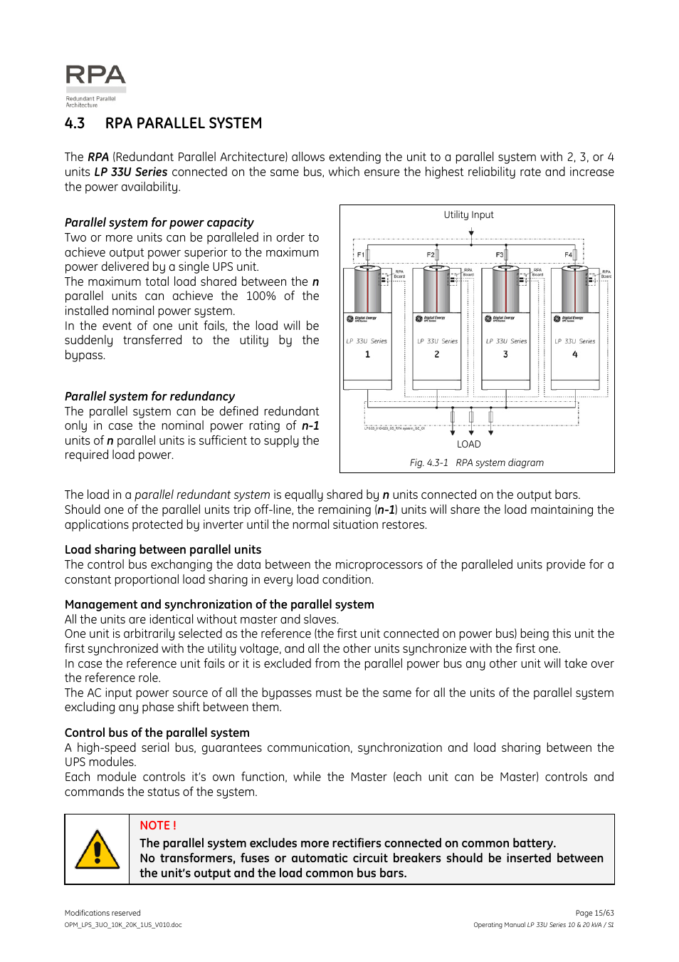 3 rpa parallel system, Rpa parallel system | GE Industrial Solutions LP 33U Series 10 & 20 kVA Operating Manual User Manual | Page 15 / 63